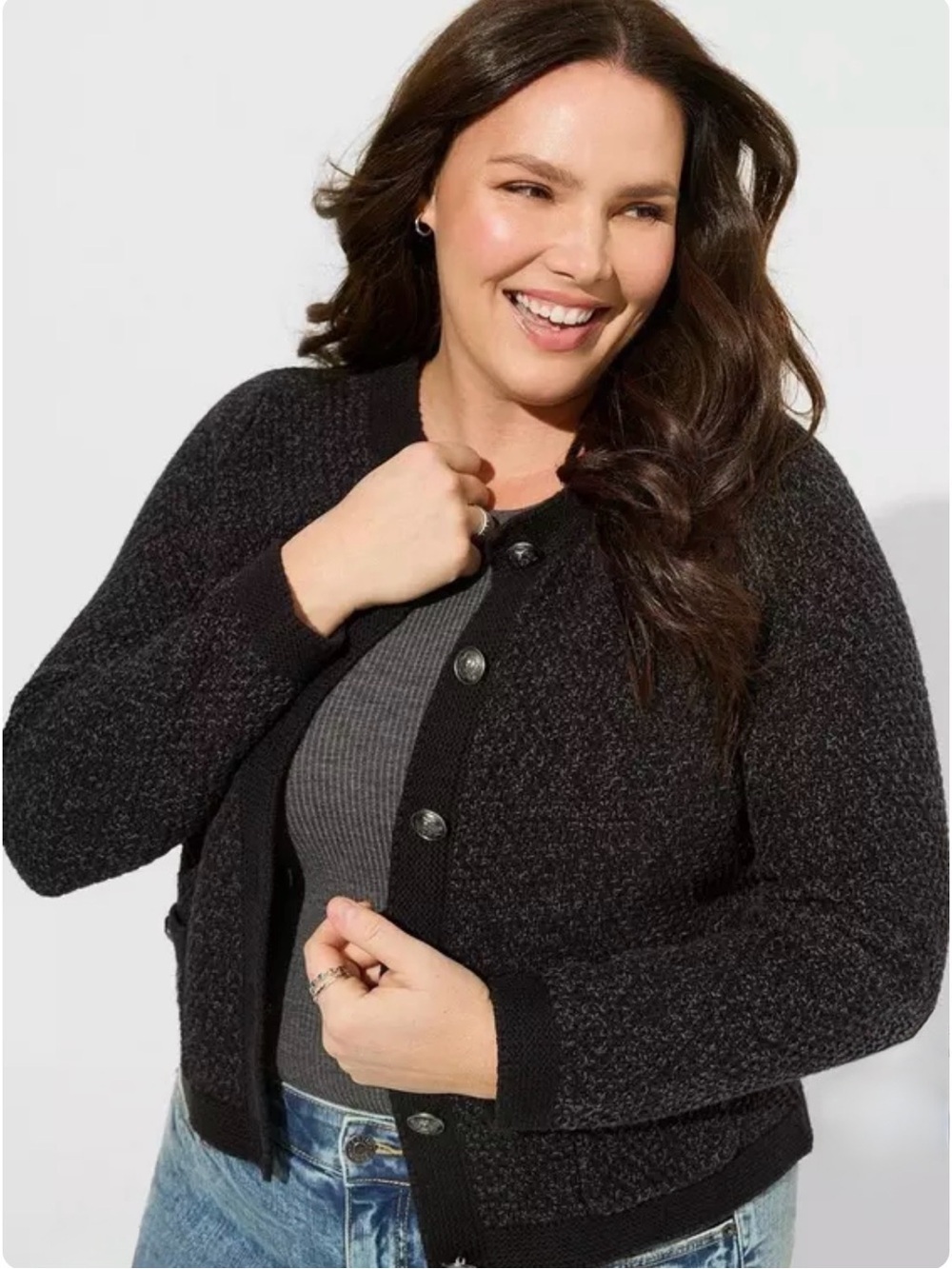 Torrid Plus Skull Crest Button Up Tweed Knit Cardigan Blazer Grey Black Size 3